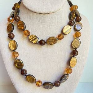 Cookie Lee long beaded faux tiger’s eye acrylic shell necklace shades of brown